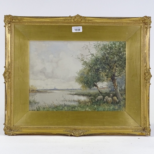 1038 - J R Miller, watercolour, sheep by a lake, signed, 11