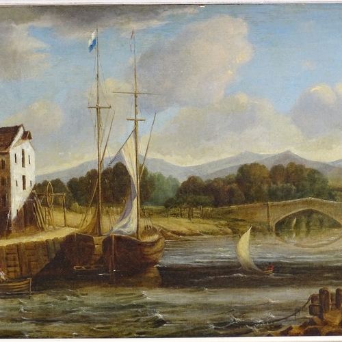 1041 - 19th century oil on canvas, boats on an estuary, unsigned, 15