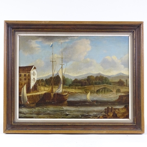 1041 - 19th century oil on canvas, boats on an estuary, unsigned, 15