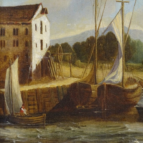 1041 - 19th century oil on canvas, boats on an estuary, unsigned, 15