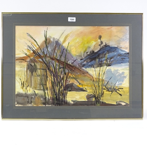 1044 - Elizabeth Stuart Lee, watercolour, abstract landscape, circa 1970, signed, 16