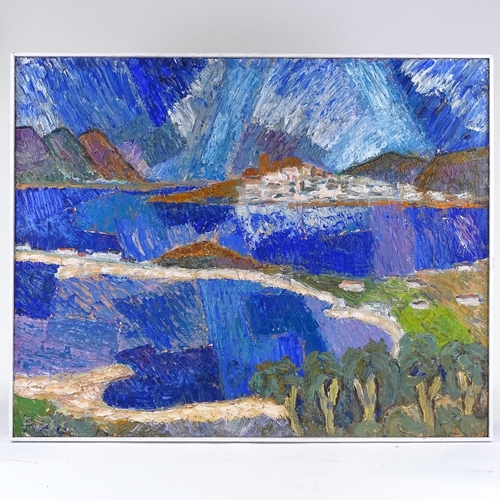 1045 - Felix Fuchs (American), oil on board, city of Ibiza, signed, circa 1961, 28