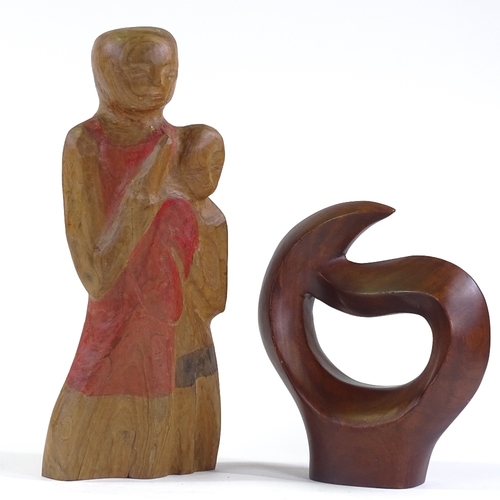 1046 - Modern British School, 2 carved wood abstract sculptures, both unsigned, largest height 19