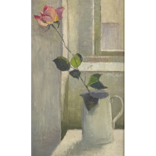 1050 - Mid-20th century oil on panel, still life rose, signed with monogram, 24