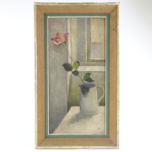 1050 - Mid-20th century oil on panel, still life rose, signed with monogram, 24