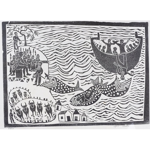 1073 - Azaria Mbatha (born 1941), linocut, Jonah and fish, signed and numbered 64/70, sheet size 17.5