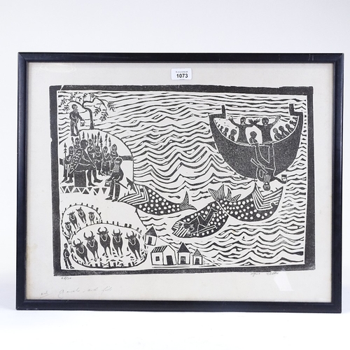 1073 - Azaria Mbatha (born 1941), linocut, Jonah and fish, signed and numbered 64/70, sheet size 17.5