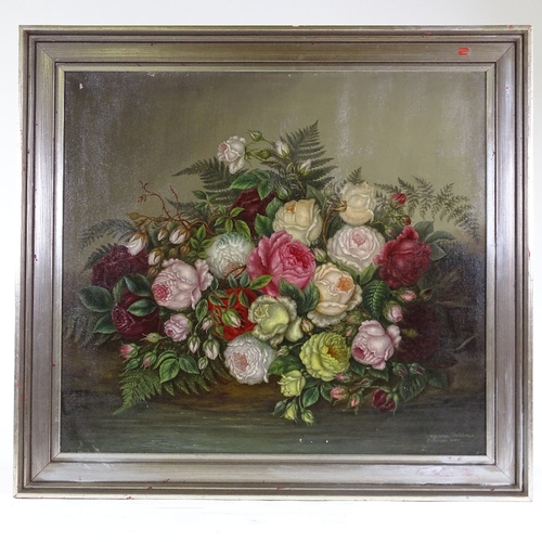 1092 - Johann Hubner, oil on canvas, still life roses, signed, 22