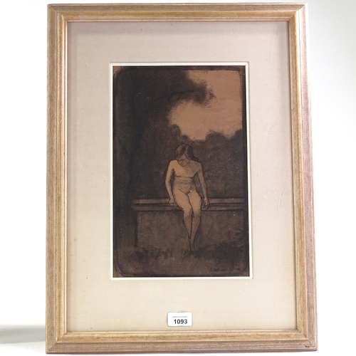 1093 - Graham Jones, charcoal on red paper, nude study, signed, 13.5