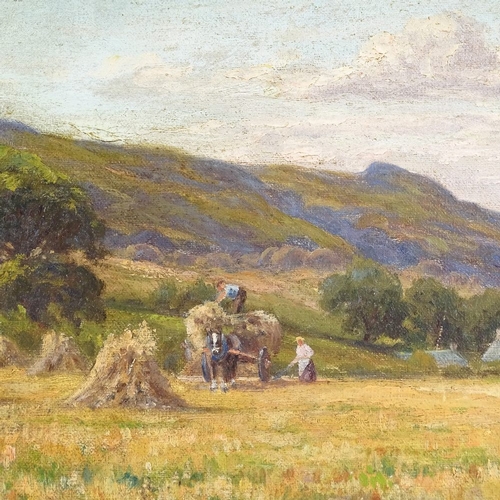 1097 - 19th century oil on board, haymaking scene, unsigned, 7.5