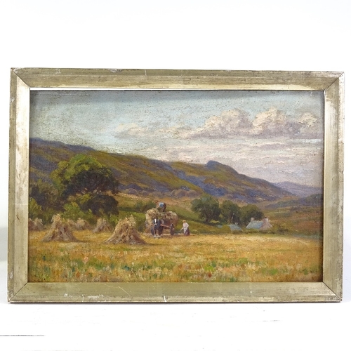 1097 - 19th century oil on board, haymaking scene, unsigned, 7.5