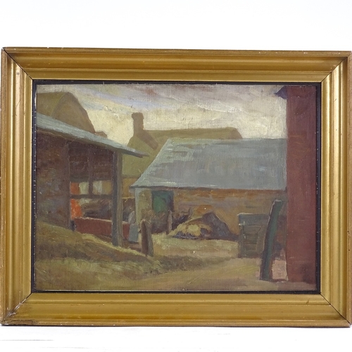 1099 - Mid-20th century oil on board, farmyard scene, unsigned, 10.5