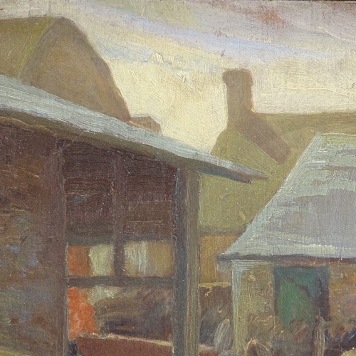 1099 - Mid-20th century oil on board, farmyard scene, unsigned, 10.5