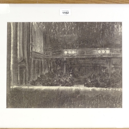 1102 - Circle of Walter Sickert, early 20th century charcoal drawing, theatre interior, unsigned, 11.5