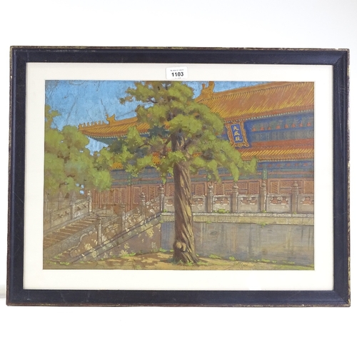 1103 - Chinese School, watercolour/gouache, circa 1920s, temple buildings, 13.5