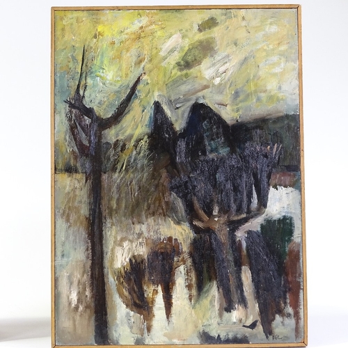 1104 - Mid-20th century Expressionist School, oil on board, abstract landscape, signed with monogram, 23