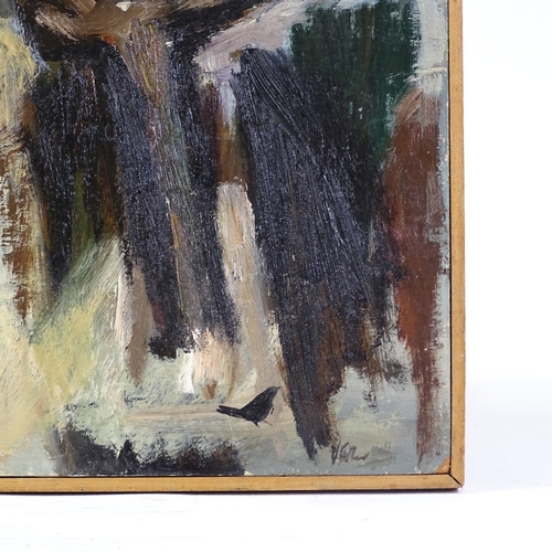 1104 - Mid-20th century Expressionist School, oil on board, abstract landscape, signed with monogram, 23