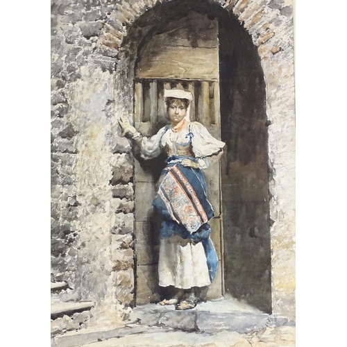 1107 - Carlo Randanini, watercolour, Italian girl in a doorway, signed and dated 1880, 19.5