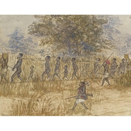 1114 - Early 20th century watercolour, captured slaves, indistinctly signed, 10