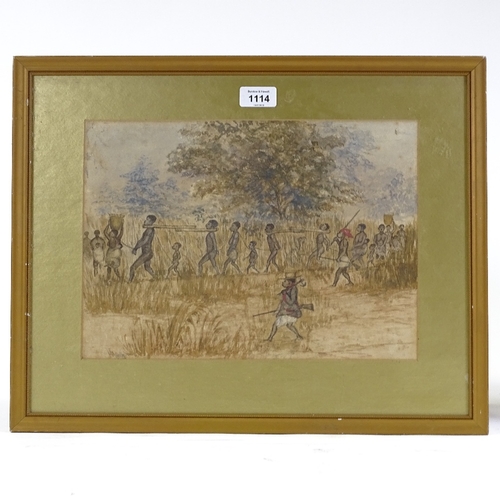 1114 - Early 20th century watercolour, captured slaves, indistinctly signed, 10