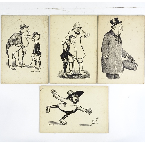 1132 - L Colburne, 4 pen and ink caricature studies, including Winston Churchill, 10.5