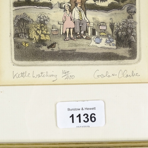 1136 - Graham Clarke, coloured etching, kettle watching, signed in pencil, plate size 5