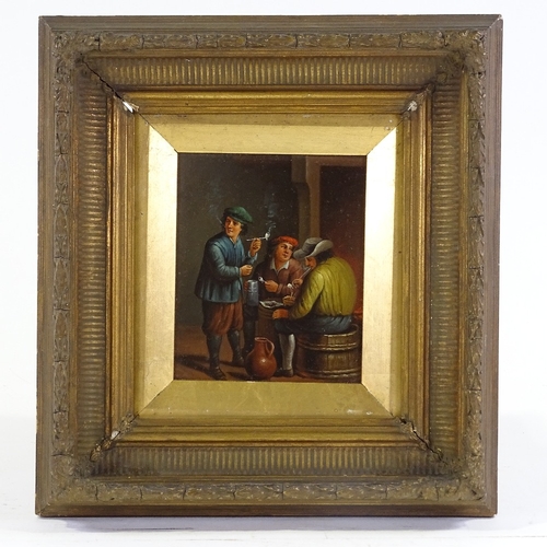 1141 - 19th century oil on metal, 3 men in a tavern, unsigned, 8