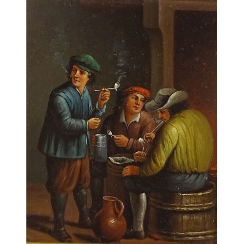 1141 - 19th century oil on metal, 3 men in a tavern, unsigned, 8