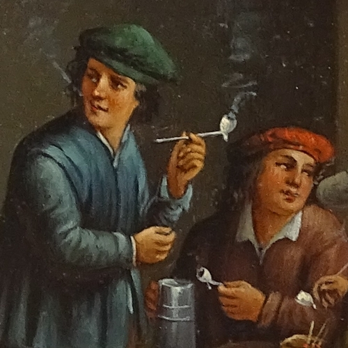 1141 - 19th century oil on metal, 3 men in a tavern, unsigned, 8