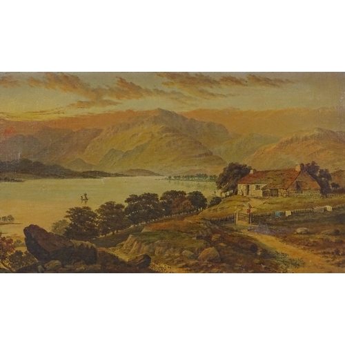 1142 - 19th century oil on canvas, extensive lake scene, unsigned, 10