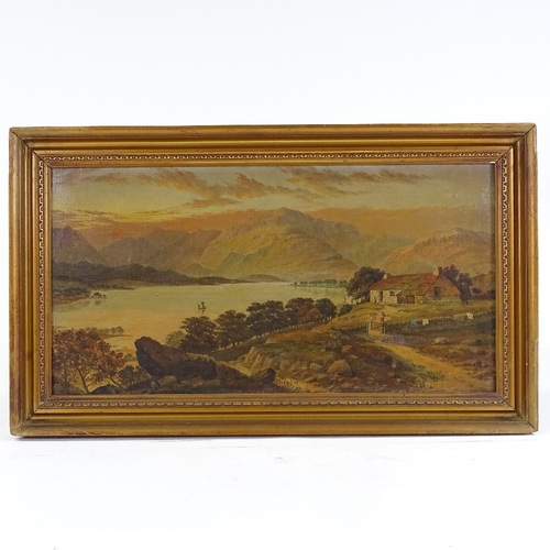 1142 - 19th century oil on canvas, extensive lake scene, unsigned, 10