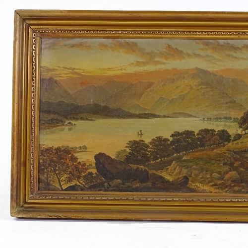 1142 - 19th century oil on canvas, extensive lake scene, unsigned, 10