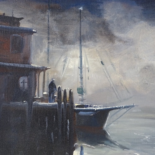 1143 - Copeland, oil on canvas, moonlit harbour scene, signed, 16