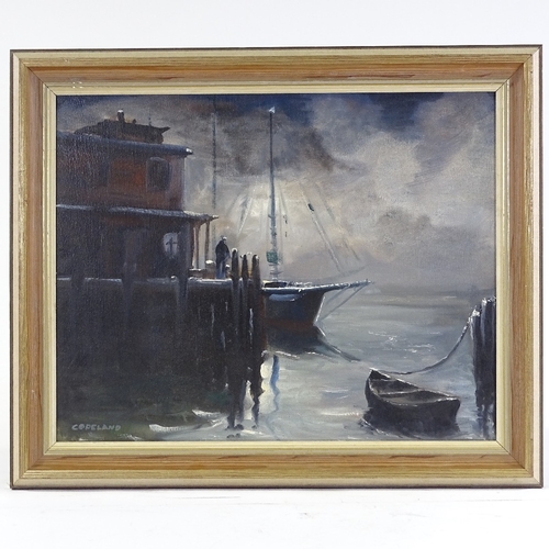 1143 - Copeland, oil on canvas, moonlit harbour scene, signed, 16