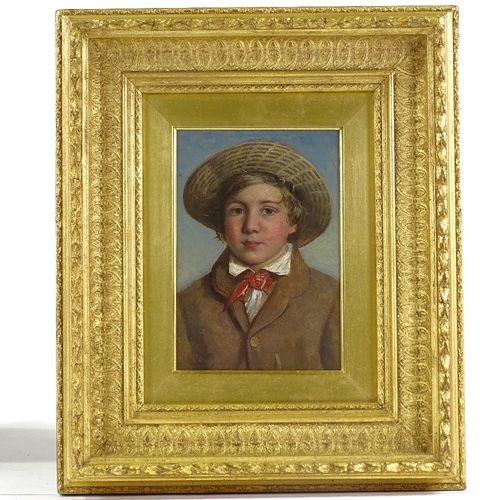 1153 - 19th century oil on board, portrait of a boy in a hat, unsigned, 7.5