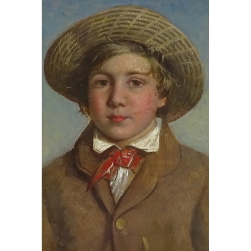 1153 - 19th century oil on board, portrait of a boy in a hat, unsigned, 7.5