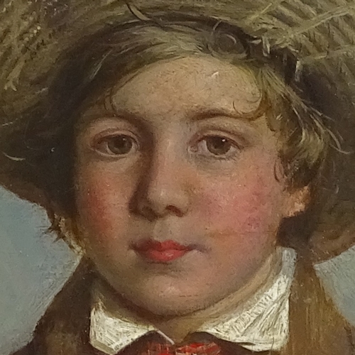 1153 - 19th century oil on board, portrait of a boy in a hat, unsigned, 7.5