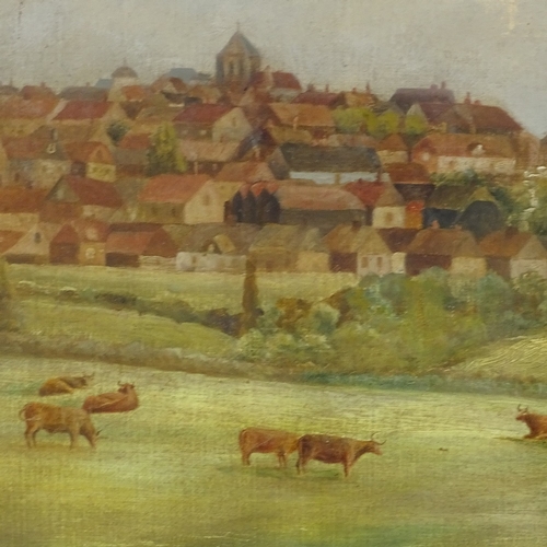 1157 - 19th/20th century oil on board, view towards Rye, unsigned, 7.5