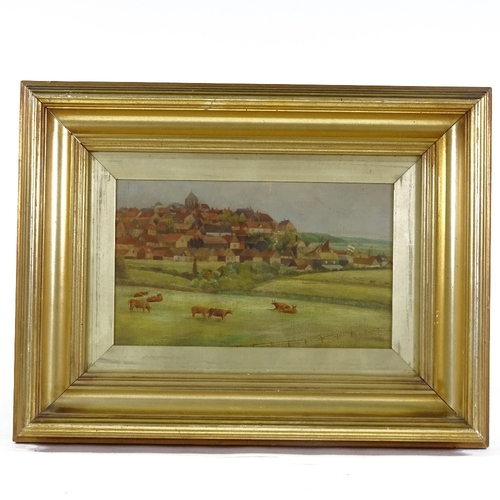 1157 - 19th/20th century oil on board, view towards Rye, unsigned, 7.5