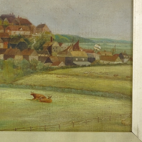 1157 - 19th/20th century oil on board, view towards Rye, unsigned, 7.5