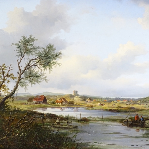 1165 - Frederik Marianus Kruseman (1816 - 1882), oil on wood panel, gamekeepers in extensive river landscap... 