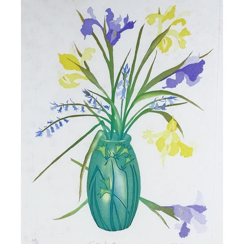 1285 - Sheila Oliver, coloured etching, Cornish Irises, signed in pencil, no. 42/185, plate size 16