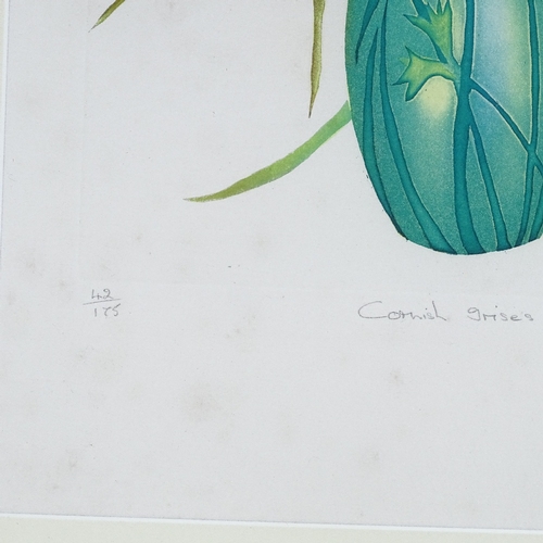 1285 - Sheila Oliver, coloured etching, Cornish Irises, signed in pencil, no. 42/185, plate size 16