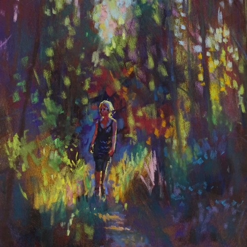 1286 - David Napp, coloured pastels, through the woods in sunlight, signed, 23