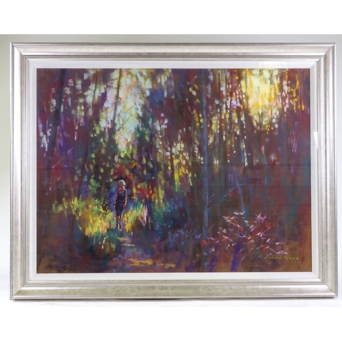 1286 - David Napp, coloured pastels, through the woods in sunlight, signed, 23