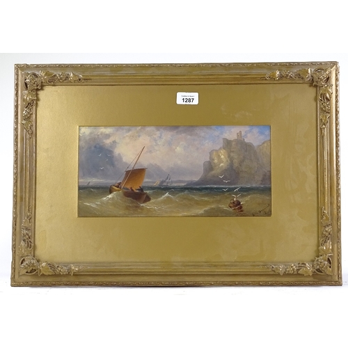 1287 - S M Drummond, oil on board, boats off the coast, signed, 6