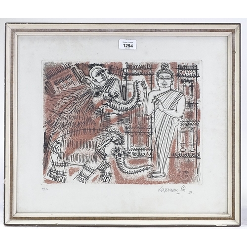 1294 - Laxman Pai, coloured etching, abstract study, 1959, signed in pencil, no. 9/50, plate size 11