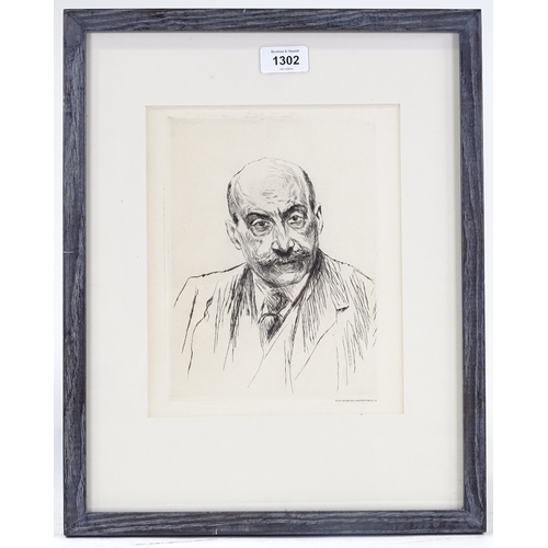 1302 - Max Liebermann, etching, self portrait, 1914, unsigned, plate size 9