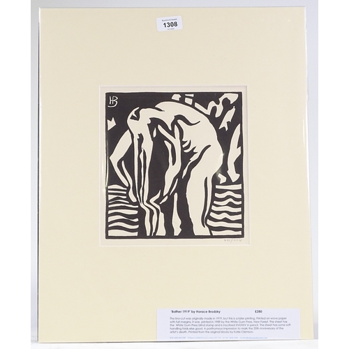 1308 - Horace Brodzky, linocut, bather, later reprint from 1989 published by the White Gum Press New Forest... 