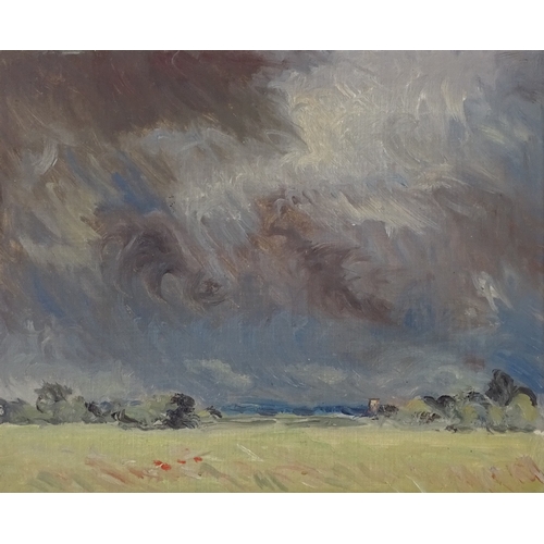 1317 - David Rolt (1915-1985), oil on board, Berkshire clouds, 1956, Exhibition label verso, 9